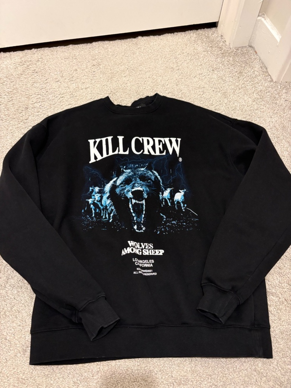 Kill Crew Black Crewneck Sweatshirt with Blue Wolf Graphic